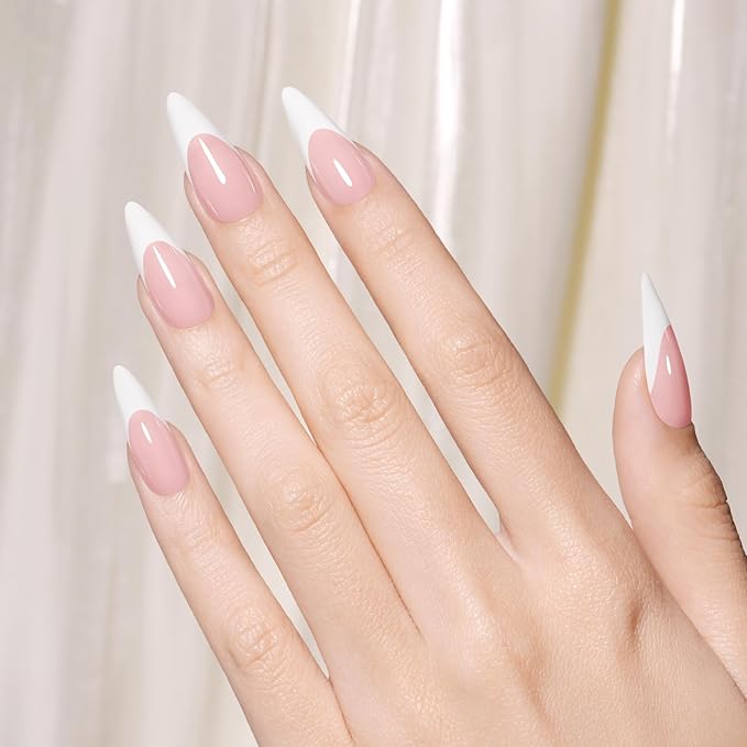 AILLSA French Gel Nail Tips, 180 Pcs French Tip Press On Nails Long Almond Pink, Pre-Applied Primer & Base Coat, No Need File, Soft Long Stiletto Nail Tips, Fake Nails for Women Gift 15 Sizes