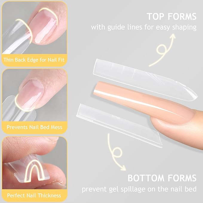 Sandwich Dual Nail Forms Kit, 280PCS Straight Square Top and Bottom Dual Forms for Builder Gel, Reusable Acrylic Nail Extension Molds with Guide Lines, Professional Manicure Supplies