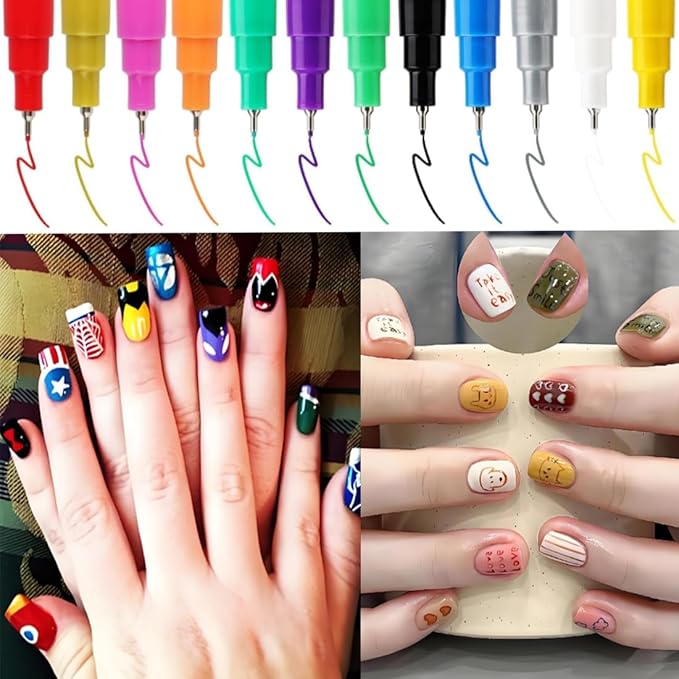 12 Colors Nail Art Pens Set,Upgrade 0.5mm Fine Tip Nail Polish Pens Set,Quick-dry Waterproof Drawing Painting Pens, Portable Nail Art Tools for Home Salon and DIY Nail Art