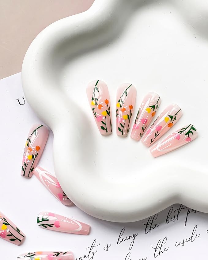 Press on Nails Long Coffin MABKJLF Spring French Fake Nails Full Cover False Nails with Flower and Leaves Designs Glossy False Nails with Nail Glue Artificial Acrylic Nails for Women Girls 24 Pcs