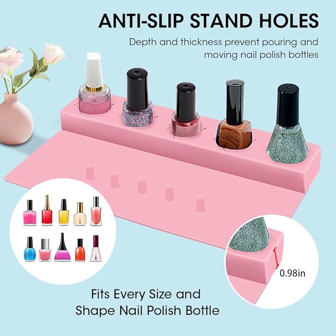 Nail Polish Holder,Silicone Hand Rest Mat Fingernail Painting Tools 2 in 1 Art Accessories Organizer Case Set with Anti-Spill Bottle Stand and Finger Separators for Pedicure Manicure(Pink)