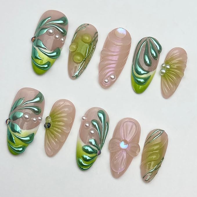 Luxury Press On Nails Medium Almond Handmade 3D Unique Reusable ABS Material False Nails Green with Designs Pearls Floral Art Petal Glossy Glue on Nails Thick Acrylic Nails (10 Pieces, 1 Set)