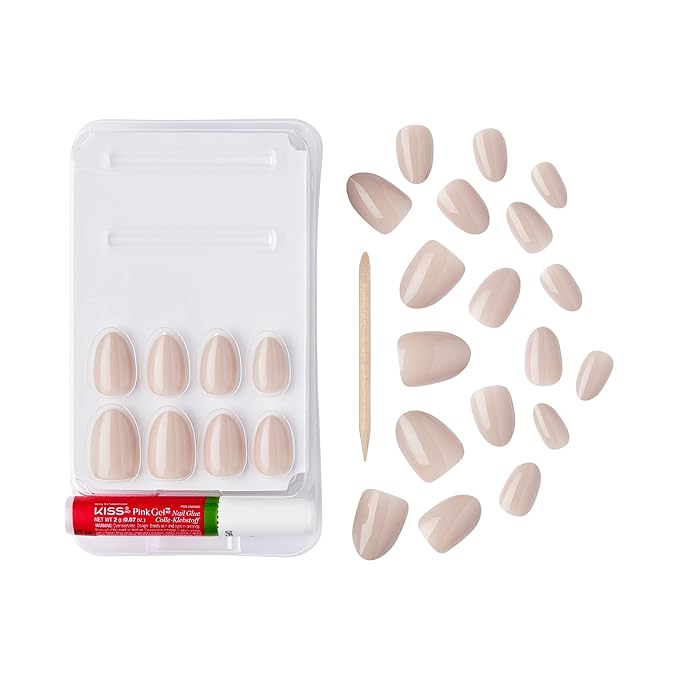 GoldFinger False Nails Kit, Ready to Wear Natural Beige Fake Nails, Manicure Stick and Glue Included, Short Almond Shape, Long-Lasting Hottest Trend Glue on Nails, Convenient & Easy to Apply