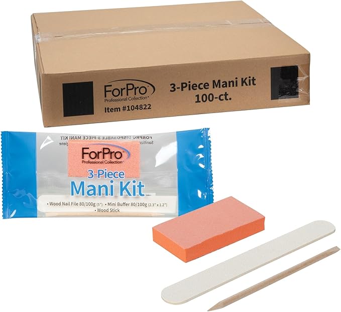 ForPro 3-Piece Mani Kit, 100-Count, Individually-Packed Manicure Set, White Wood Nail File 80/100 Grit, Orange Mini Buffer 80/100 Grit, Wood Stick