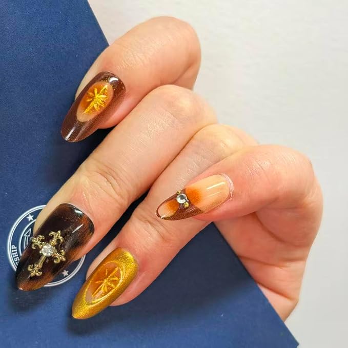 Tortoiseshell Press On Nails Long Coffin Brown Nude Glitter Rhinestone Design Fake Nails with Adhesive Tabs & Glue for Women Party Daily Wear (30pcs)