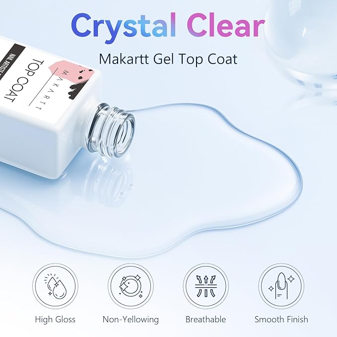 Makartt Gel Top Coat - 2 PCS No Wipe Top Coat Gel Nail Polish High Glossy Shine Finish Long Lasting, 10ML Clear Soak Off UV Nail Lamp, Salon Quality Art Design for Home Use Beauty Spring Gift