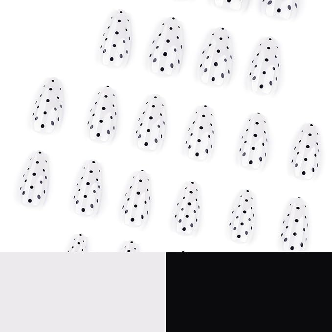 White Almond Press On Nails Short, Cute Fake Nails with Black Polka Dot Detail Design, Glossy Gel Finish Acrylic Nails, Classic Reusable Glue On Nails Kit for Women, 24Pcs