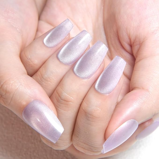 evpct Cat Eye Coffin Press on Nails Square Medium, Medium Square Stick on Nails for Women Gift, Light Lavender Purple Metallic Glitter Glossy Reusable Spring Summer Gel Press on Fake Nail with Designs
