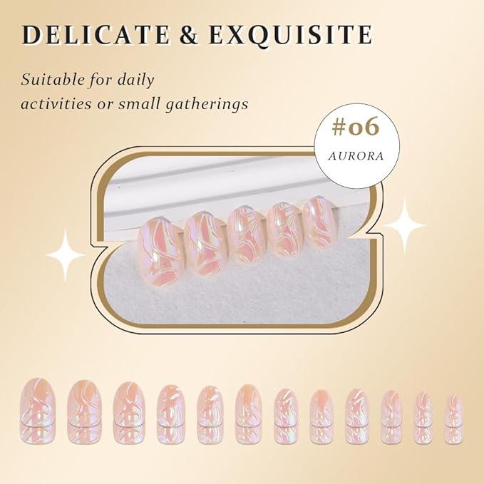 evpct Spring & Summer Glossy Press on Nails Short Oval, Aurora Glazed Fake Nails Press ons with 3D Pattern Design, Light Weight Perfectly Fit Nails for Women Gift, Fake Nail Kit with Kits Gel, 24Pcs