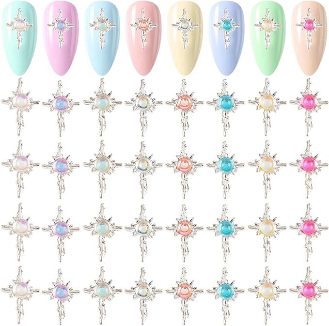 CRASPIRE 56Pcs 8 Colors Cross Nail Charms 3D Y2K Luxury Nail Gems Set Metal Alloy Flat Colorful Vintage Punk Studs Decor for Women Nail Art DIY Crafts Jewelry Christmas Decorations Cellphone