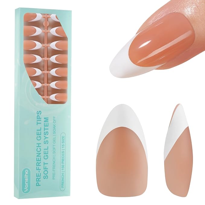 Vansiho French Gel Nail Tips, 150Pcs Medium Almond Gel Nail Tips, Brown Soft French Tips Press on Nails, Fake Nails for Nail Art DIY 15 Sizes