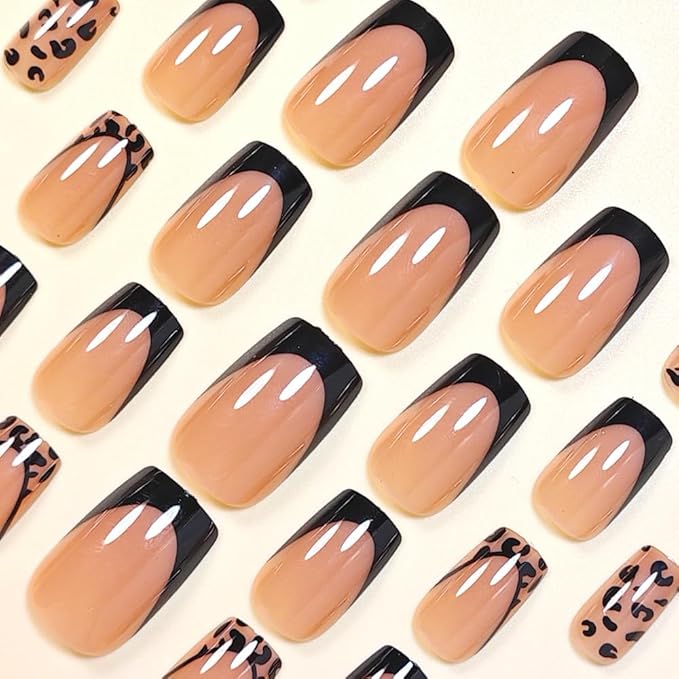 Black French Tip Press on Nails Short Square Fake Nails Glossy Leopard False Nails Press ons Reusable Artificial Nail Full Cover Stick on Nails for Women Manicure 24 Pcs