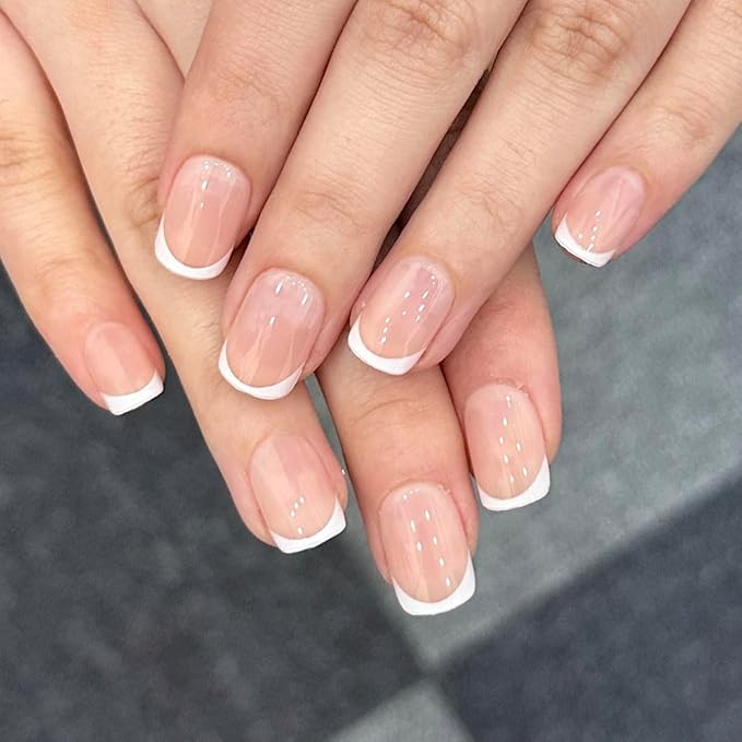 White French Tip Press On Nails, Extra Short Square Designer, Reusable Acrylic Fake Nails with Glue, Glossy Soft Gel Nails for Wedding and Party, Stick On Glue On Nails for Women - Gift