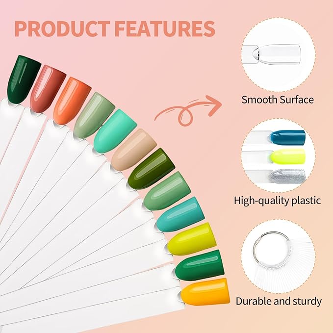 200 PCS Nail Swatch Sticks, Clear Plastic Nail Color Swatches with Metal Ring, False Fake Nail Art Tips Sticks for Gel Polish Display,Practice(Square Nail Sample Fan)