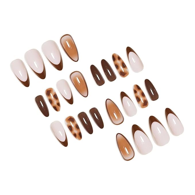 Press on Nails Medium Almond MABKJLF French Tip Fake Nails False Nails with Tortie Designs Brown Glossy Glue on Nail Fall Acrylic Nails for Women Girls 24Pcs