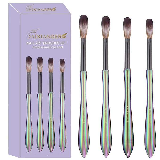 4Pcs Professional Acrylic Nail Brush Set, Size 6/8/10/12, Holographic Gradient Handle Nail Brushes for Acrylic Application Powder & Nail Extension, Nail Carving Tools for DIY Home Salon