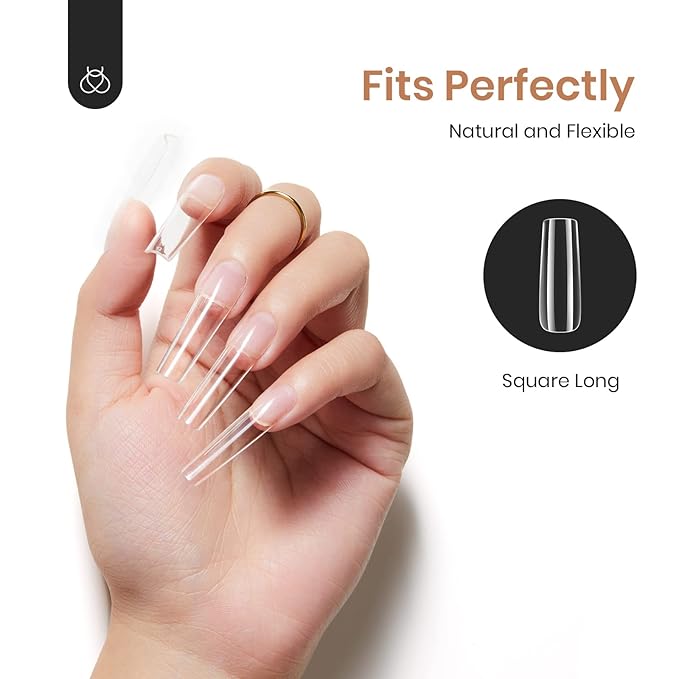 Beetles Gel Nail Tips, 500Pcs Pre-shaped Long Square Gelly Clear Press on Nail Tips Full Cover Acrylic False Nails Extensions Soak Off for Art Women Gifts