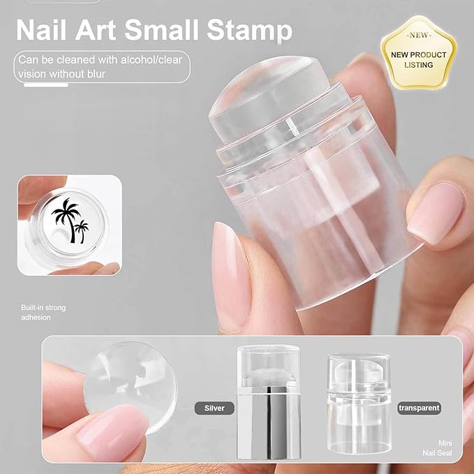 2-Piece Mini Nail Art Stamper Kit, Clear & Metallic Stampers with Scraper, for Nail Stamping & French Tips, Easy DIY Nail Design at Home, Manicure Starter Tool