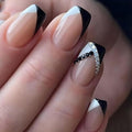 French Tip Press on Nails Medium Square Fake Nails Black White Tip False Nails with Designs Rhinestone Stick on Nail Full Cover Glossy Acrylic Artificial Nail for Women Manicure 24Pcs