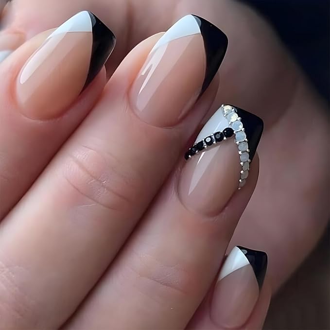 French Tip Press on Nails Medium Square Fake Nails Black White Tip False Nails with Designs Rhinestone Stick on Nail Full Cover Glossy Acrylic Artificial Nail for Women Manicure 24Pcs
