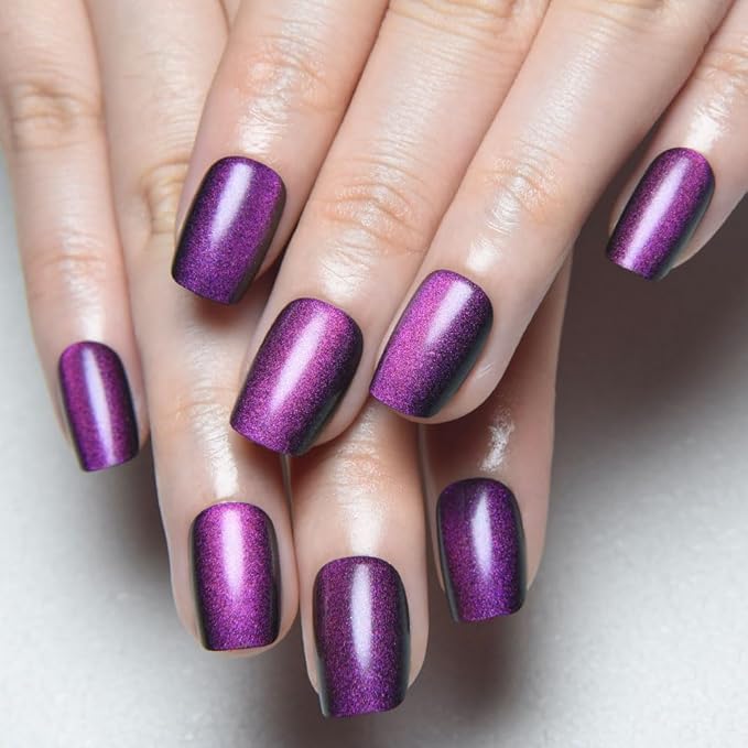 evpct Purple Cat Eye Press on Nails Short Square, Short Square Stick on Fake Nails for Women Gift, Dark Purple Metallic Glitter Glossy Reusable Soft Gel Stick Press on Acrylic False Nail with Designs
