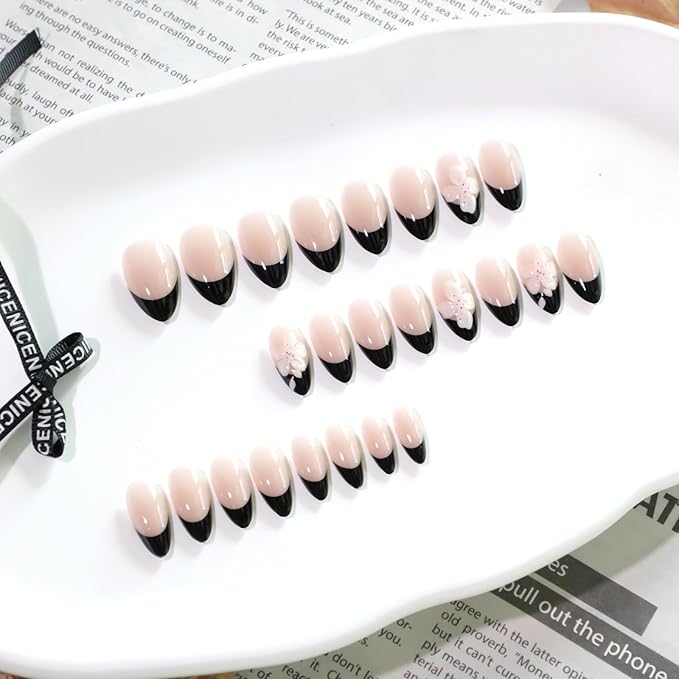 Short Almond Press on Nails French Tip Fake Nails Black False Nails with 3D Nude Flowers Designs Artificial Nails Cute Handmade NailsFloral Stick on Nails for Women 24pcs