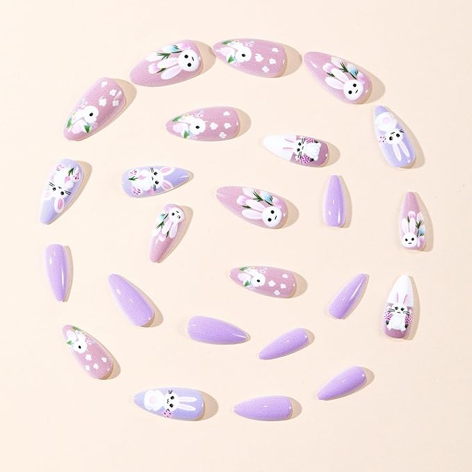 24 Pcs Easter Press on Nails Glossy Purple False Nails Medium Almond Fake Nail Spring Artificial Acrylic Nails with White Bunny & Flower Design Full Cover Stick on Nail for Women Manicure DIY