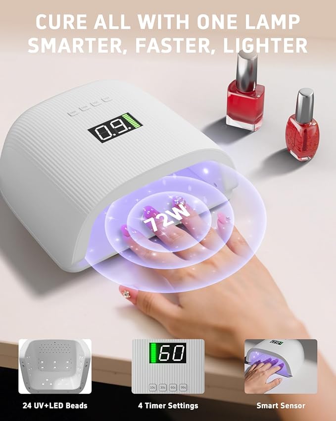 Rechargeable LED Nail Lamp, 72W Professional UV Nail Light for Gel Polish with 4 Timers & Smart Sensor, 24 PCS Powerful Lamp Beads, LCD Display UV Dryer for Hard, Extension & Acrylic Gel Fast Curing
