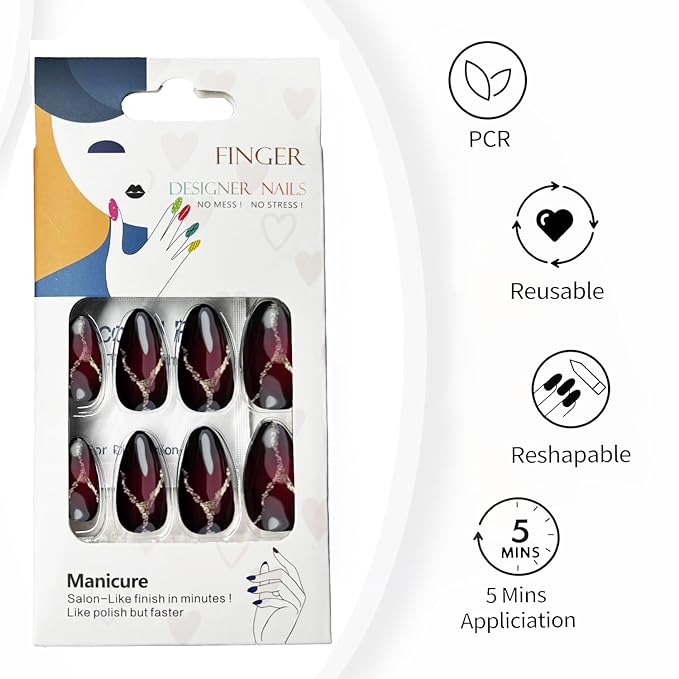 Goth Red Black Press On Nails Almond -Medium Press On Nails with Nail Glue, Fit Perfectly & Natural Reusable Stick On Nails in 12 Sizes - 24PCS Soft Gel Glue On Nails Kit