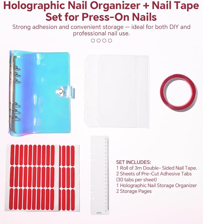 KADS Holographic Press-On Nails Organizer Book - 2 Double-Sided Storage Pages with Adhesive Backing, Includes 60 Pre-Cut & 1 Roll 300cm Double-Sided Tape for Nail Artists & DIY Enthusiasts