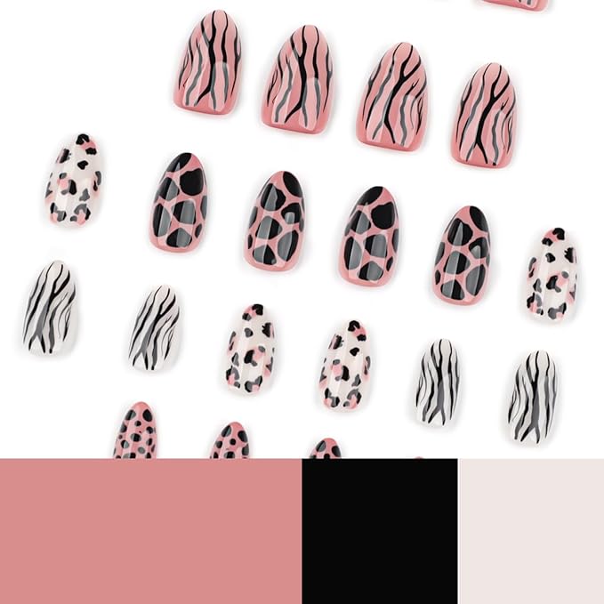 Short Almond Press on Nails Wild Animal Print Mix Fake Nails Fall Nails Press ons with Zebra Stripes,Leopard Spots and Giraffe-like Patterns Design,Reusable | Artificial | Easy Apply | 24Pcs