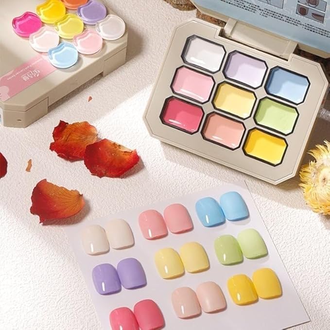 Creamy Colorful Nail Polish Set,Versatile Summer Colors Nine-Square Grid Solid Gel Glue Nail Polish,Long Lasting Solid Nail Polish Palette for Women/Girls/Friend DIY Home (02#, 3g* 9pcs)