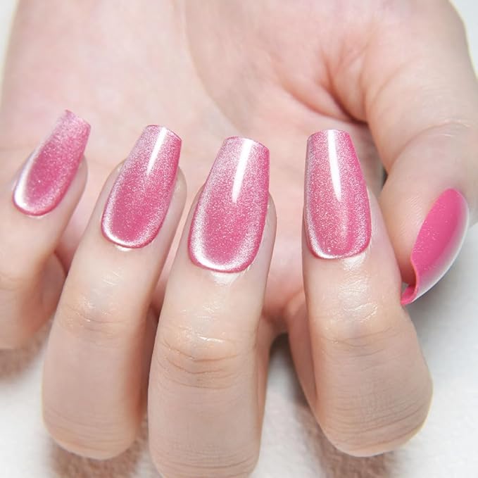 evpct Rose Pink Cat Eye Coffin Press on Nails Square Medium, Medium Square Stick on Nail for Women, Rose Pink Metallic Glitter Glossy Reusable Summer Soft Gel Press on Acrylic Fake Nail with Designs