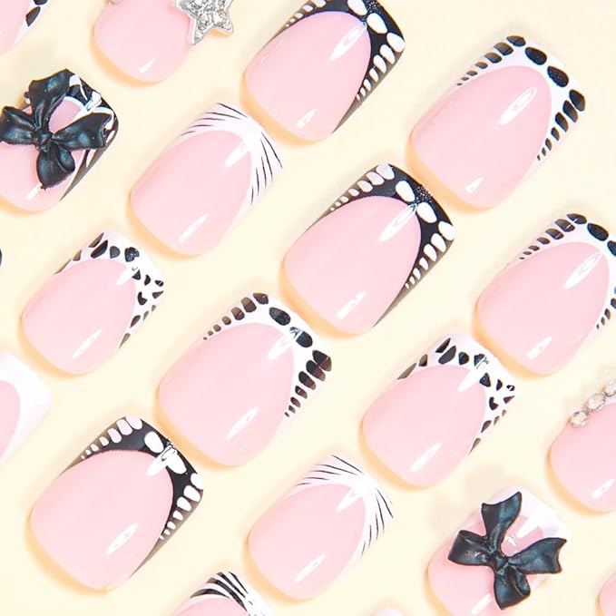 Short Press on Nails - Square Fake Nails with Bow Star Charms Design - French Tip False Nails Stick on - for Women 24 Pcs