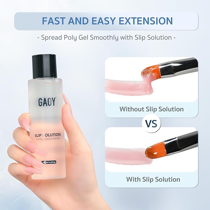 GAOY Slip Solution Kit for Poly Gel Nails, 145ml Nail Extension Gel Liquid Solution, Anti-stick Liquid with Brush and Dual Forms for Nail Art DIY