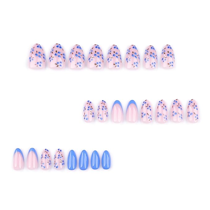 Summer Fall Press On Nails Short Almond, Nude and Blue Fake Nails Featuring Blue Floral Accents, Glossy Finish Acrylic Nails, Thick Reusable Glue On Nails for Women, 24Pcs