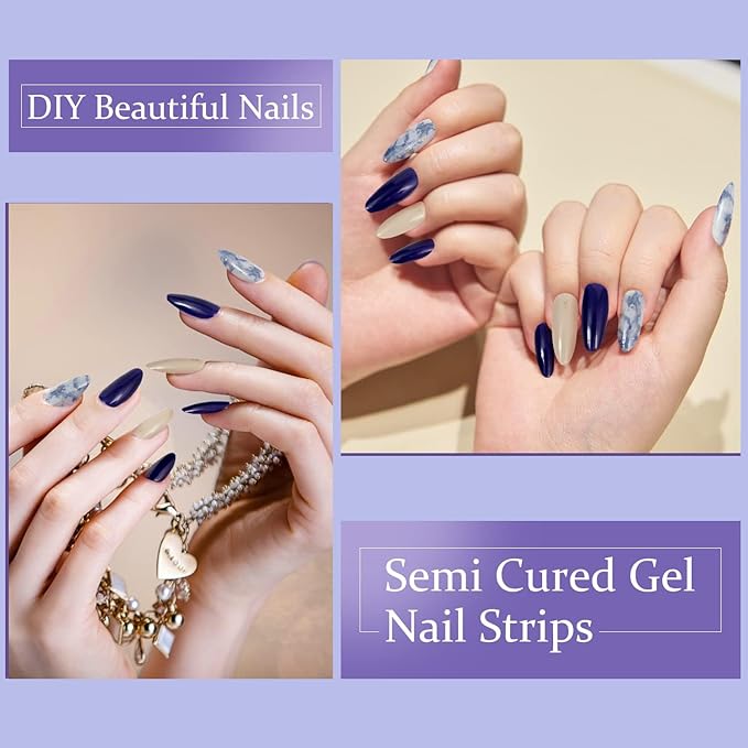 Semi Cured Gel Nail Strips,28 Pcs Gel Nail Stickers Wraps(Ocean Blue),Long Lasting Stickers Works with Any UV Light, Easy to Apply