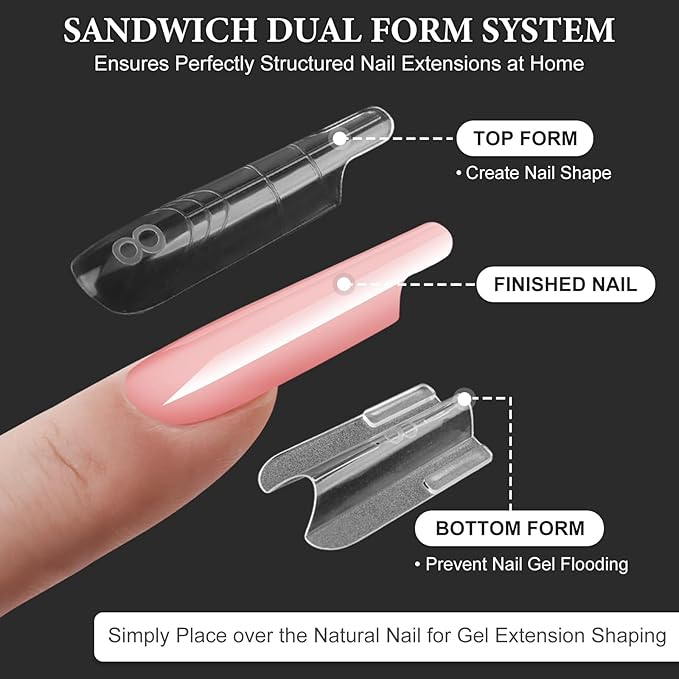 280Pcs Sandwich Nail Dual Forms for Polygel Extension Builder Gel 140 Pairs Coffin Shape Top and Bottom Plastic Nail Molds with Tools for DIY Manicure Art At Home