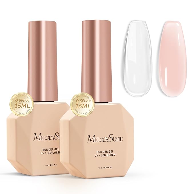 MelodySusie 2PCS 15ML Clear Nude Pink Builder Nail Base Gel for Nails Thickening,Soak Off UV Extension Gel,Rhinestone Glue in a Bottle for Nail Art Design Gift for Women Salon DIY Manicure at Home