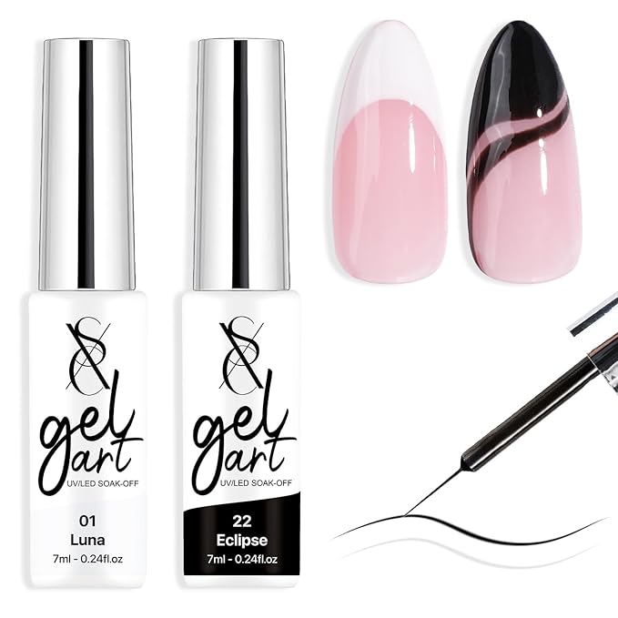SXC Cosmetics Gel Liner Nail Art Set – Black & White 2pcs Gel Liner Nail Art Chrome 3D High-Gloss Effect for Nail Paint Design with Thin Brush DIY French Manicure Curing Requires