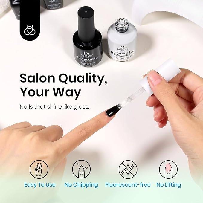 Beetles 2Pcs 15ml Gel Base and Top Coat Set - Upgrade No Wipe Extra Glossy Top Coat Finish for Gel Nail Polish, Soak Off UV/LED Lamp Needed, Essentials for Long-Lasting Manicure Kit