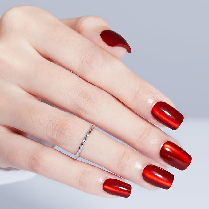 Modelones Red Cat Eye Press on Nails, Spring Short Square Fake Nails, Reusable Nail Kit with Nail Glue Adhesive Tabs Mini Nail File, Nails Press Ons 32Pcs16 Sizes, Women Girl Gift