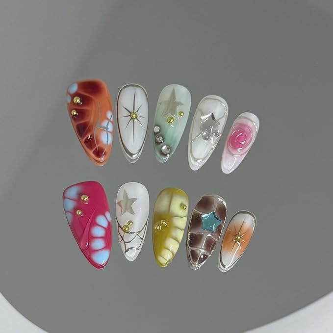 10 Medium Almond Handmade Press On Nails | Y2K Aesthetic Colorful Abstract Fake Nails with Marble, Star & Gold Studs |Reusable Salon Quality(5U01, M)
