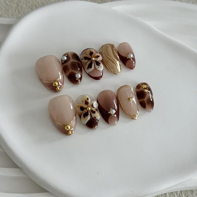 Handmade Press on Nails Almond, Brown Acrylic Nails Medium, 3D Flower and French Tip Amber Gold Chrome For Women Gift, Handmade Reusable Stick on Nails Kit With Nail Glue (Size S)