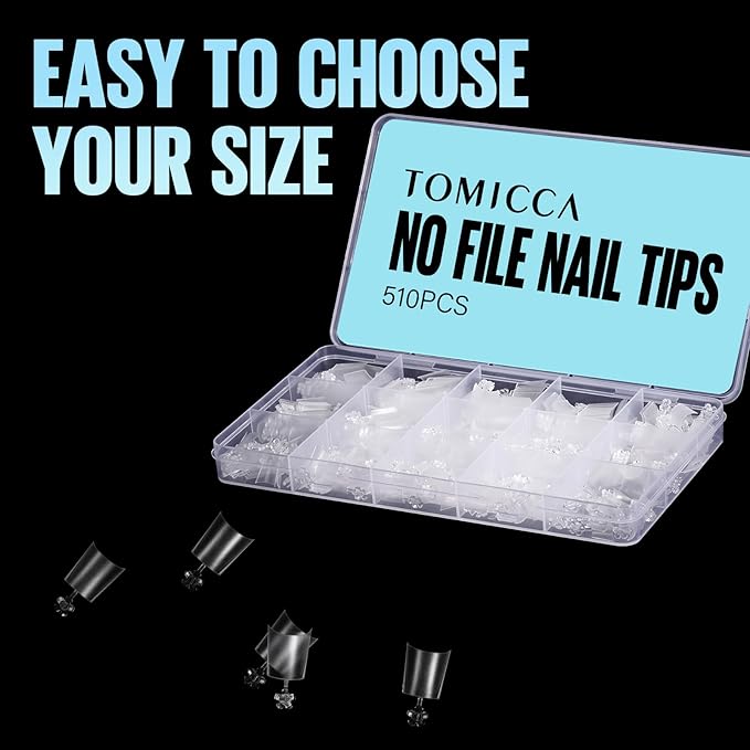 TOMICCA Short Coffin Nail Tips, 510Pcs Acrylic Half Cover Nail Tips, 12 Sizes No C Curve Full Matte Gel Nail Extension Tips for Beginner and Professional