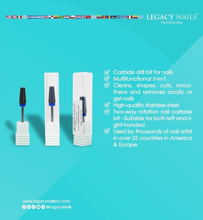 Legacy Nails Professional 5IN1 CARBIDE NAIL DRILL BIT Cleans Shapes Cuts Smoothens and Removes Acrylic or Gel Nails, Stainless-Steel