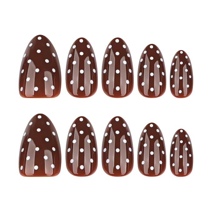 Polka Dot Press on Nails Short Almond Fake Nails Brown Nails Fall Winter False Nails Press ons with Polka Dots Design Glossy Acrylic Full Cover Reusable Stick on Nail for Women Girls Manicure 24Pcs