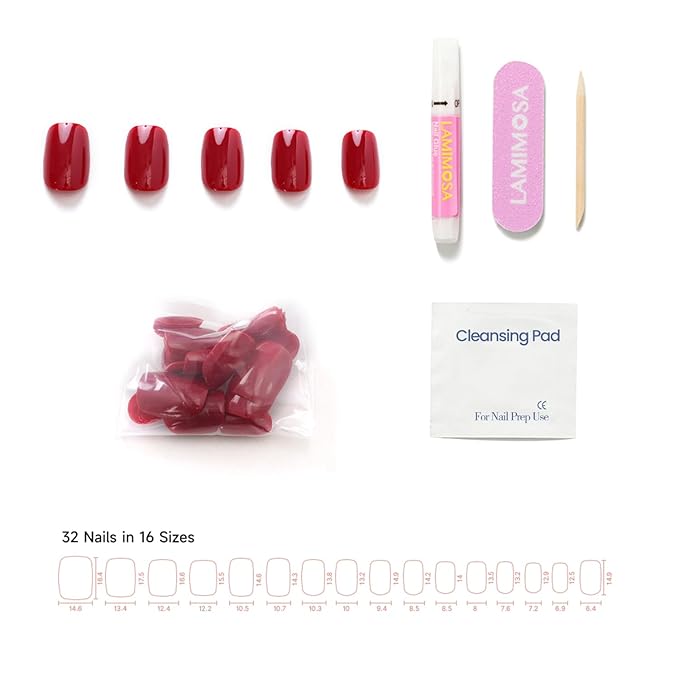 LAMIMOSA 32Pcs Classic Red Press On Nails Short Almond – Soft Gel Fake Nails in 16 Sizes, Reusable Solid Color Glue on Nails Kit, RASPBERRY