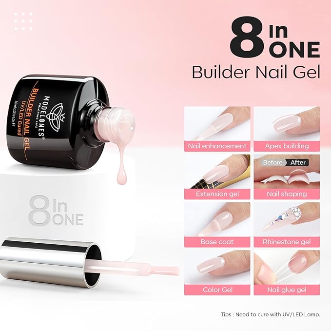 modelones Builder Nail Gel, 2 Pcs Cover Nude and Rose Pink Gel Builder for Thickening Apex Building 8-in-One Rubber Color Base Polish Strengthener Extension LED Lamp Cured 10 ml DIY Home Salon