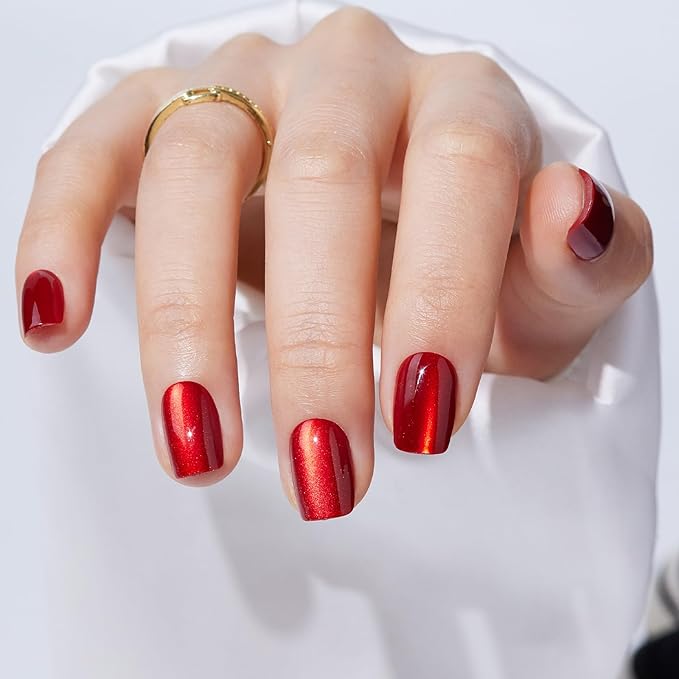 Short Red Fake Press On Nails - Findigit Cat Eye Square Stick On Nails with Nail Glue, Reusable Soft Gel Glue On Nails Kit Fit Natural False Nails for Women 16 Sizes - 32 Nail Kits, Square Ruby Red